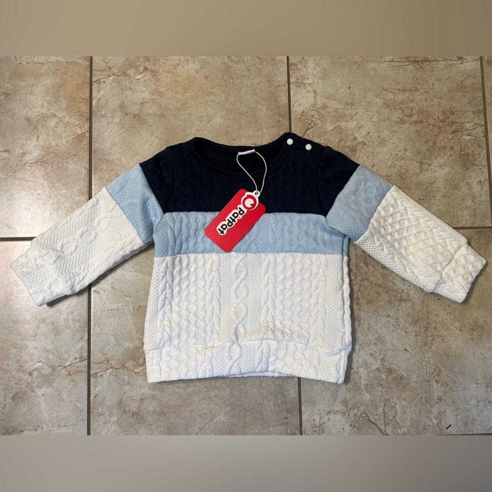 PatPat Cable Knit Kids Sweater – Navy, Light Blue & White Colorblock (NWT) - Picture 2 of 6